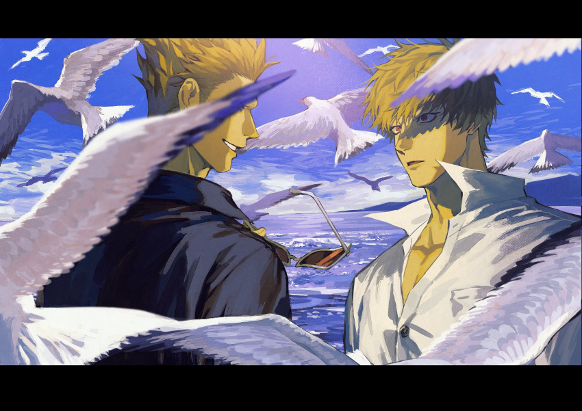 2boys bird black_shirt blonde_hair blurry blurry_foreground brothers brown_eyes collared_shirt donquixote_doflamingo donquixote_rocinante highres holding holding_removed_eyewear looking_at_another male_focus multiple_boys ocean one_piece open_mouth outdoors portrait seagull shirt short_hair siblings smile unworn_eyewear white_shirt