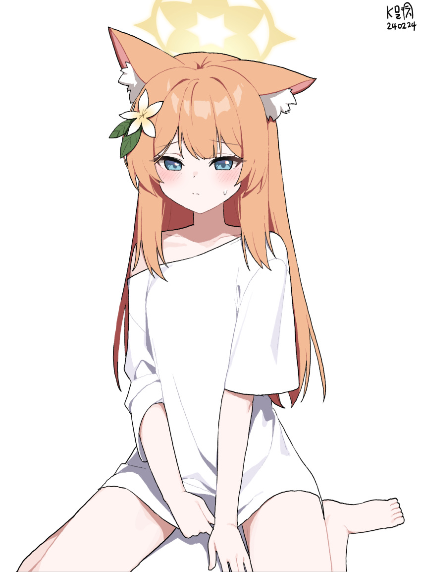 1girl alternate_costume animal_ear_fluff animal_ears artist_name barefoot blue_archive blue_eyes blush cat_ears closed_mouth commentary dated english_commentary flower hair_flower hair_ornament highres long_hair mari_(blue_archive) myeolchi orange_hair shirt short_sleeves signature simple_background solo toes white_background white_flower white_shirt