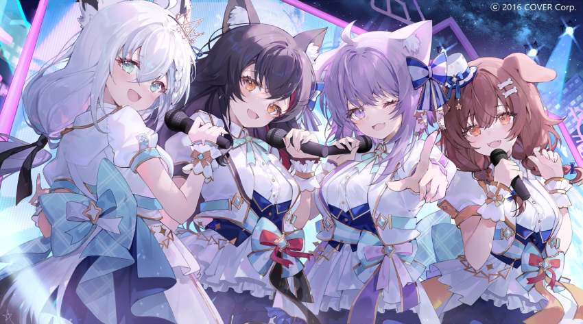 4girls :3 :d ahoge animal_ear_fluff animal_ear_piercing animal_ears aqua_bow aqua_bowtie aqua_eyes aqua_sash back_bow black_hair black_ribbon blue_bow blue_corset blue_shorts bone_hair_ornament bow bowtie braid brown_eyes brown_hair cat_ears cat_girl collared_shirt commentary_request concert copyright_notice corset crossed_bangs dog_ears dog_girl double-parted_bangs fangs fox_ears fox_girl fox_tail gold_trim hair_between_eyes hair_bow hair_ornament hair_over_shoulder hair_ribbon hairclip hands_up hat highres holding holding_microphone hololive hololive_gamers hololive_idol_uniform_(bright) inugami_korone jacket knees_out_of_frame large_bow layered_skirt long_hair looking_at_viewer low_ponytail low_twin_braids medium_hair messy_hair microphone mini_hat mini_tiara mini_top_hat multicolored_hair multiple_girls nekomata_okayu night official_alternate_costume official_art one_eye_closed ookami_mio outdoors overskirt pentagram pointing pointing_at_viewer puffy_short_sleeves puffy_sleeves purple_hair redhead ribbon screen screen_zoom shiohana shirakami_fubuki shirt short_sleeves shorts side_braid skirt smile stage stage_lights streaked_hair tail top_hat twin_braids underbust violet_eyes virtual_youtuber white_hair white_jacket white_shirt white_skirt white_wrist_cuffs wolf_ears wolf_girl wrist_cuffs yellow_eyes
