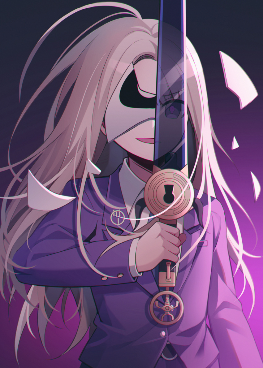 1boy ahoge blonde_hair broken_mask closed_mouth collared_shirt hand_up highres holding holding_sword holding_weapon jacket keyhole long_hair long_sleeves makoto_kagutsuchi male_focus mask master_detective_archives:_rain_code open_mouth purple_background purple_hair purple_jacket qiao_xing reflection reflective_weapon shirt smile solo spoilers sword upper_body violet_eyes weapon white_shirt yuma_kokohead