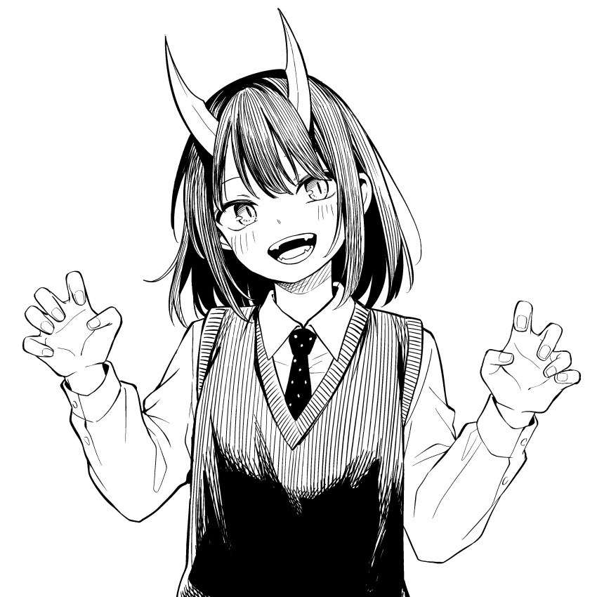 1girl absurdres aoki_ruri black_hair black_necktie claw_pose collared_shirt dragon_girl dragon_horns fangs greyscale hashtag_only_commentary highres horns long_sleeves looking_at_viewer meijin_kusano monochrome necktie open_mouth ruri_dragon school_uniform shirt short_hair simple_background slit_pupils smile solo upper_body vest white_background white_shirt