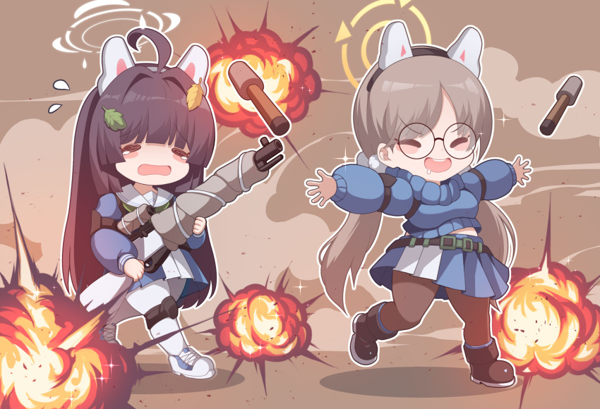 2girls animal_ears black_footwear black_hair black_pantyhose blue_archive blue_serafuku blue_skirt blush_stickers bolt_action breasts chibi closed_eyes commentary english_commentary explosion fake_animal_ears fuyu_no_usagi glasses green_neckerchief grey_hair gun halo headgear highres holding holding_gun holding_weapon large_breasts long_hair long_sleeves miniskirt miyu_(blue_archive) moe_(blue_archive) mosin-nagant multiple_girls neckerchief open_mouth outstretched_arms pantyhose pleated_skirt puffy_long_sleeves puffy_sleeves rabbit_ears rifle round_eyewear sailor_collar school_uniform serafuku shoes skirt sneakers spread_arms tears teeth twintails upper_teeth_only very_long_hair weapon white_footwear white_halo white_pantyhose white_sailor_collar yellow_halo