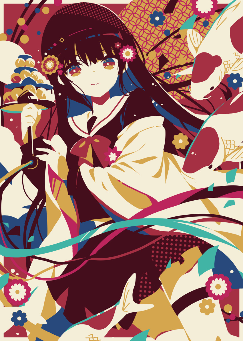 1girl bell blue_flower blue_hair bow bowtie bright_pupils colored_inner_hair commentary_request cowboy_shot dot_nose dutch_angle fish flat_color flower flying_fish hair_flower hair_ornament halftone_texture highres holding_tiered_tray jacket jingle_bell kagura_suzu koi limited_palette long_hair long_sleeves mochigome_(ununquadium) multicolored_background multicolored_hair no_lineart off_shoulder open_clothes open_jacket original red_background red_bow red_bowtie red_eyes red_serafuku red_skirt red_theme redhead sailor_collar school_uniform serafuku shippou_(pattern) skirt split_mouth thigh_strap thighs tiered_tray white_flower white_pupils yellow_background yellow_flower