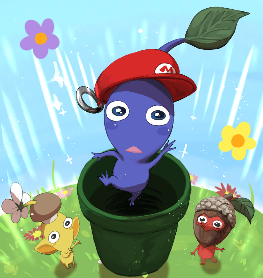 acorn black_eyes blue_eyes blue_pikmin blue_skin blue_sky blush_stickers cabbie_hat colored_skin commentary_request day emphasis_lines field flower flower_field grass hat helm helmet highres jumping leaf looking_at_viewer mario_hat mushroom_hat no_humans no_mouth pikmin_(creature) pikmin_(series) pikmin_bloom pointy_ears pointy_nose purple_flower red_headwear red_pikmin red_skin shadow sky straight-on super_mario_bros. triangle_mouth usuba_(hatomugip) warp_pipe white_flower yellow_flower yellow_pikmin yellow_skin