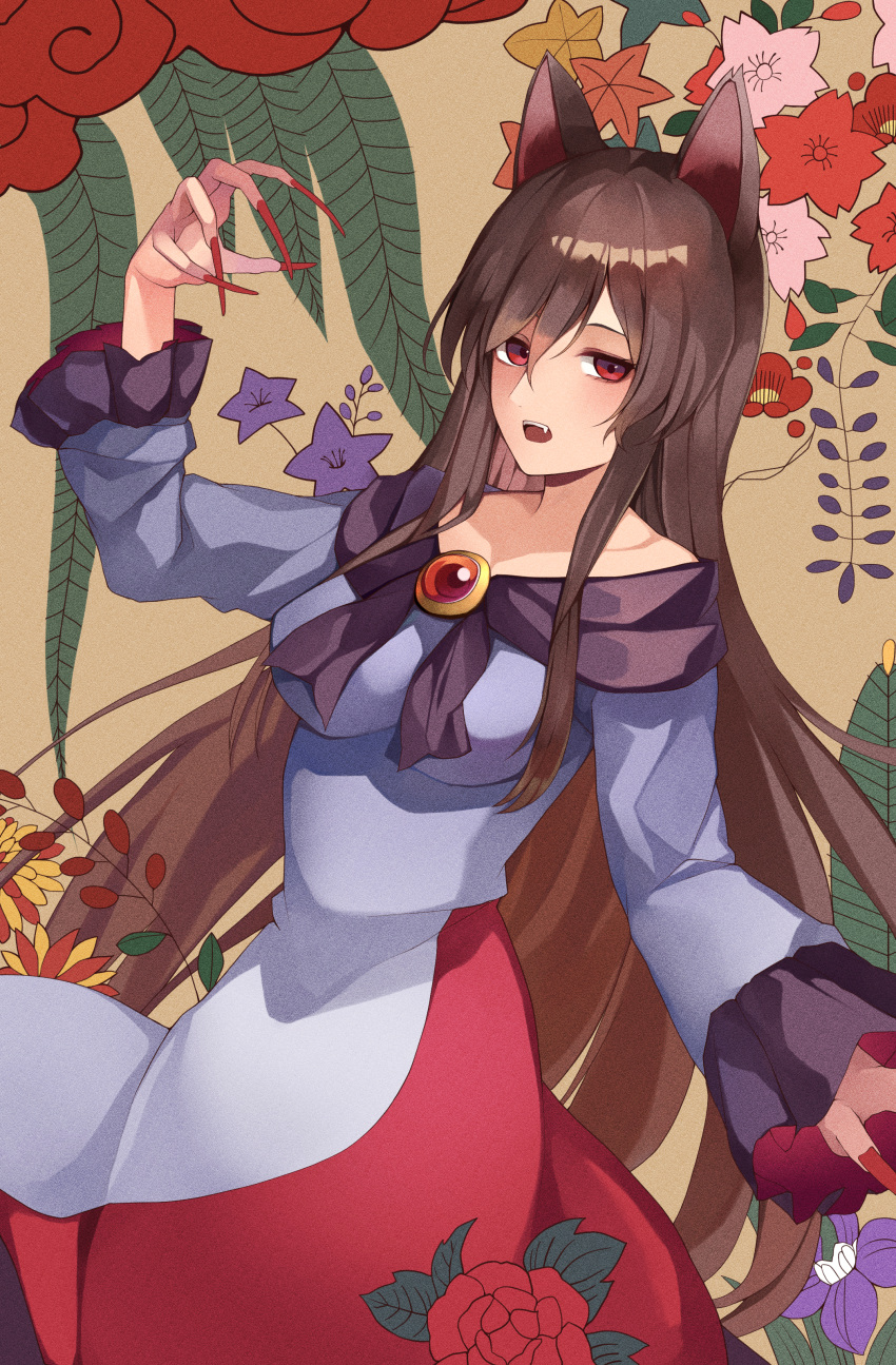 1girl absurdres animal_ears breasts brown_hair dress fingernails grey_dress highres imaizumi_kagerou koizumo long_fingernails long_hair long_sleeves looking_at_viewer medium_breasts multicolored_clothes multicolored_dress nail_polish open_mouth red_dress red_eyes red_nails sharp_fingernails solo touhou wide_sleeves wolf_ears
