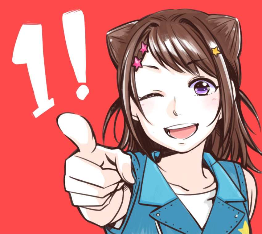 1girl bang_dream! kitamura_touru looking_at_viewer open_mouth pointing_at_viewer red_background smile solo star_hair_ornament toyama_kasumi wink