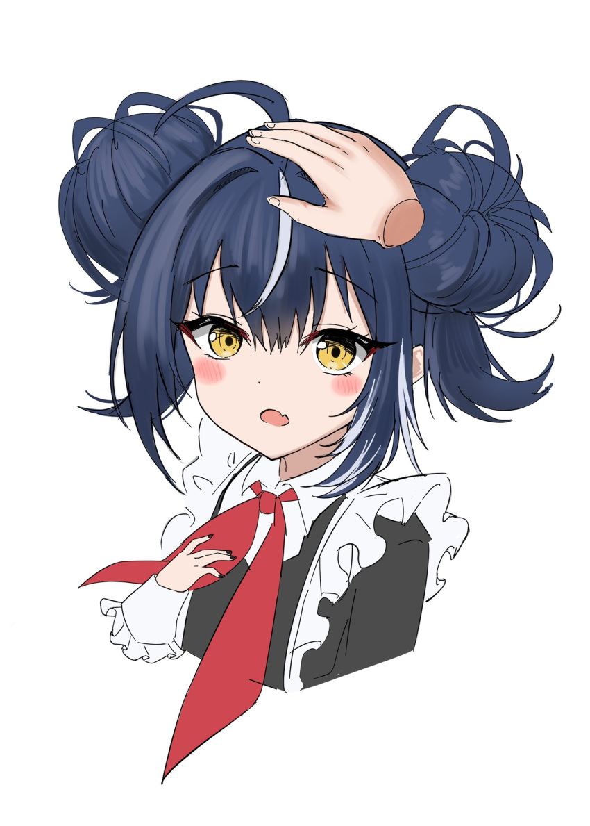 1girl ahoge azur_lane black_dress blue_hair blush commentary_request cropped_torso double_bun dress fang frilled_dress frills hair_between_eyes hair_bun hand_up headpat highres looking_at_viewer medium_hair multicolored_hair necktie open_mouth red_necktie school_uniform simple_background sketch skin_fang solo soul_(dp11) streaked_hair svirepy_(azur_lane) white_background white_hair yellow_eyes