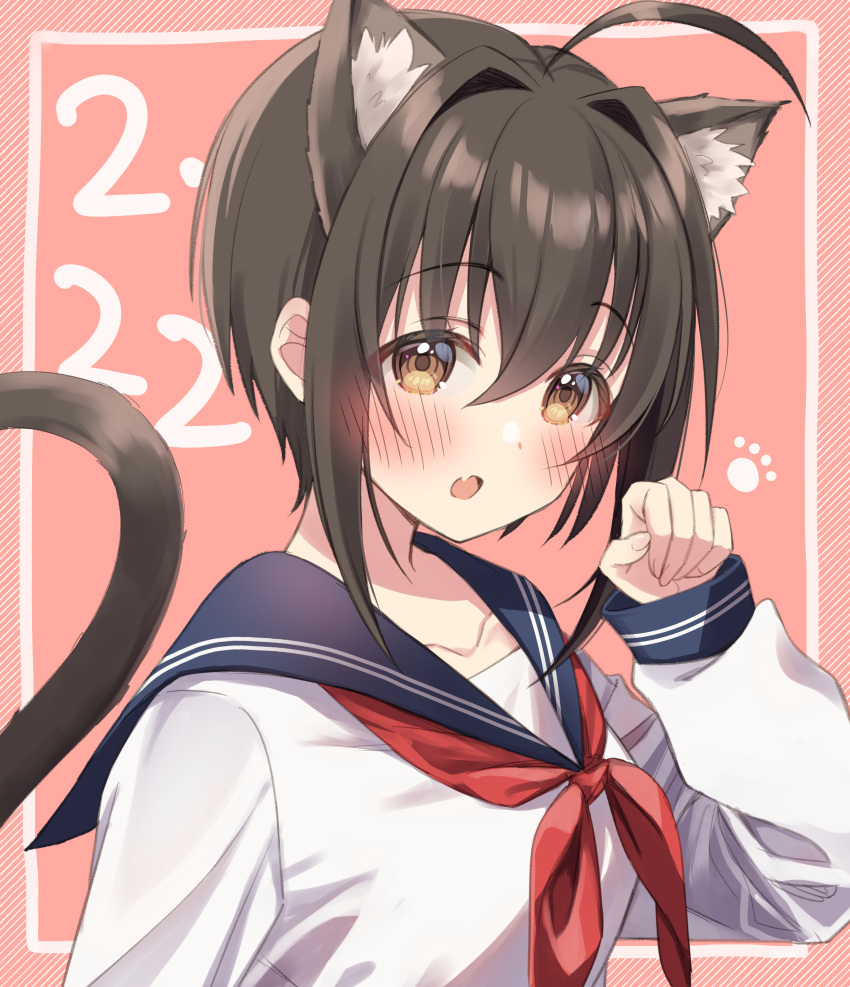 1girl :o absurdres ahoge animal_ear_fluff animal_ears black_hair blush cat_day cat_ears cat_tail collarbone dated extra_ears fang hibiki_tohru highres idolmaster idolmaster_cinderella_girls kemonomimi_mode kohinata_miho looking_at_viewer neckerchief paw_pose paw_print red_neckerchief school_uniform serafuku short_hair simple_background skin_fang solo tail upper_body