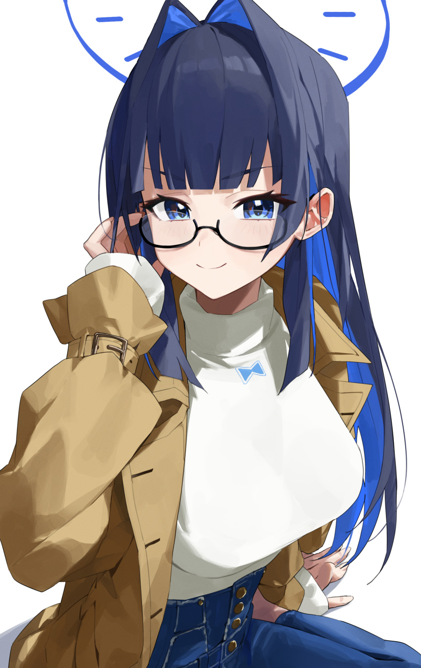 1girl absurdres adjusting_eyewear blue_eyes blue_hair blue_halo blue_pants blunt_bangs blunt_ends breasts brown_coat closed_mouth coat colored_inner_hair d4kou16 dark_blue_hair denim hair_intakes halo hand_on_eyewear hand_on_floor hand_up hashtag_only_commentary high-waist_pants highres hololive hololive_english jeans large_breasts long_hair multicolored_hair official_alternate_costume official_alternate_hairstyle open_clothes open_coat ouro_kronii ouro_kronii_(casual) pants shirt sidelocks simple_background sitting sleeves_past_wrists smile solo trench_coat turtleneck two-tone_hair virtual_youtuber wariza white_background white_shirt