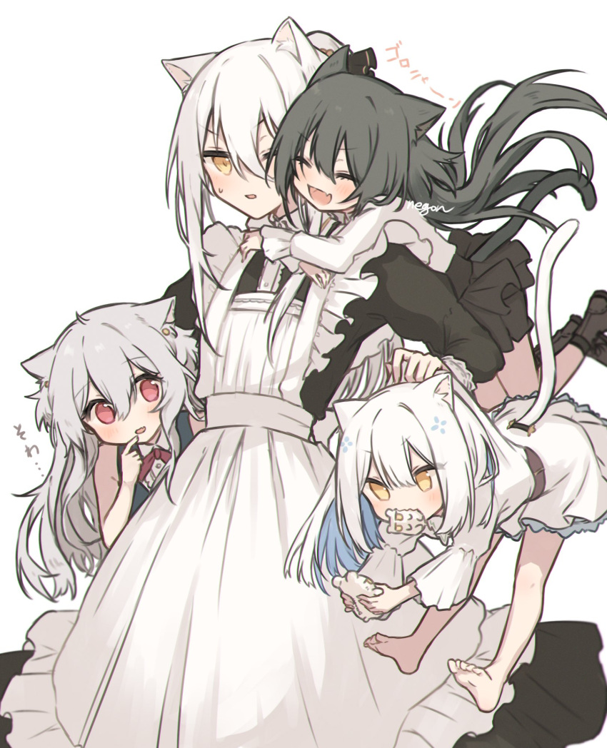 1010_neg 4girls animal_ear_fluff animal_ears apron barefoot black_dress black_hair black_skirt brown_eyes cat_ears cat_tail child closed_eyes dress feet finger_to_mouth grey_hair highres hug lifting_person long_hair maid mouth_hold multiple_girls one_eye_closed open_mouth original red_eyes shirt skirt smile soles tail toes white_apron white_dress white_hair white_shirt