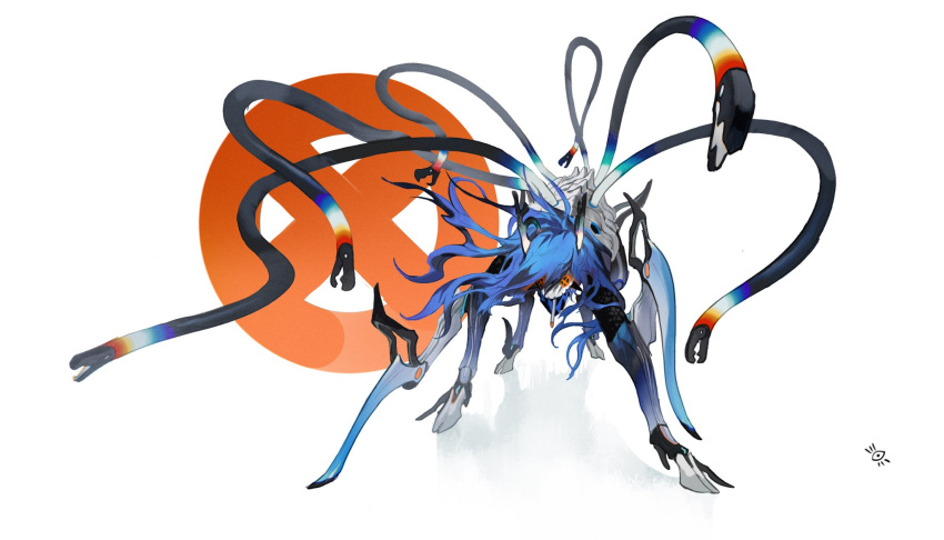 blue_hair creature full_body highres hooves kamikiririp mechanic mechanical_parts no_humans open_mouth original robot shadow solo white_background wire