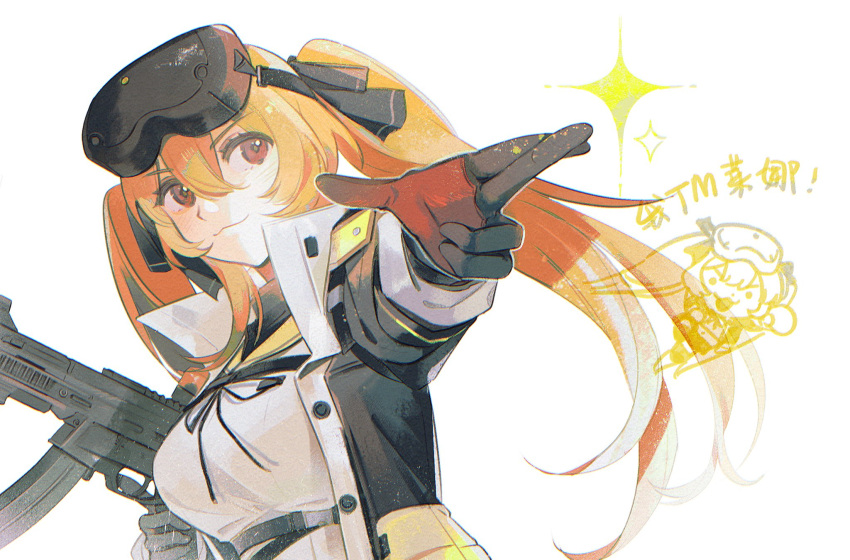 1girl :3 black_gloves black_jacket breasts chinese_commentary finger_gun girls'_frontline_2:_exilium girls_frontline gloves gun h&amp;k_ump highres holding holding_gun holding_weapon jacket long_hair night_vision_device open_clothes open_jacket orange_hair red_eyes red_gloves solo submachine_gun trigger_discipline twintails two-tone_gloves ufbiomass ump9_(girls'_frontline) upper_body weapon