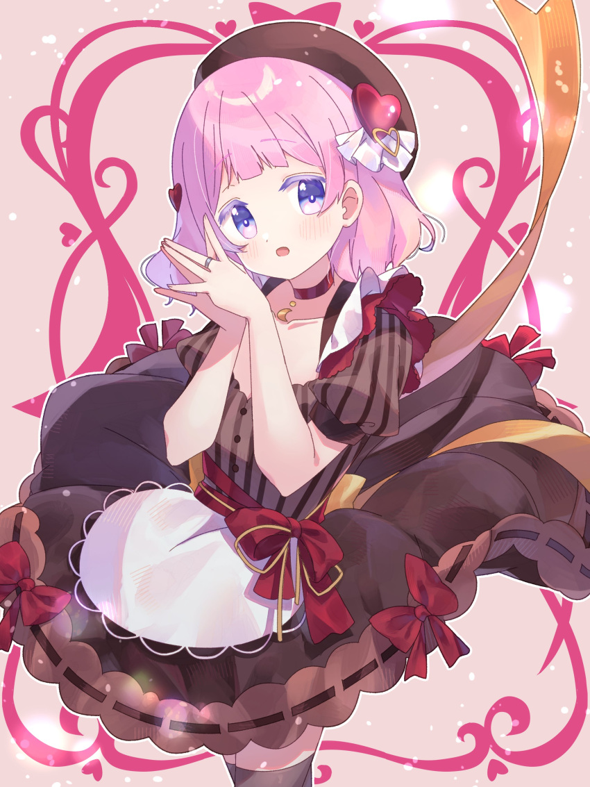1girl absurdres alternate_costume beret brown_dress brown_headwear choker cowboy_shot dress hair_ornament hands_up hat heart heart_hair_ornament highres jewelry looking_at_viewer magia_record:_mahou_shoujo_madoka_magica_gaiden mahou_shoujo_madoka_magica open_mouth own_hands_together pink_background pink_hair puffy_short_sleeves puffy_sleeves red_choker red_ribbon ribbon ring ruru_(rurumagi) short_hair short_sleeves smile solo standing violet_eyes yura_hotaru