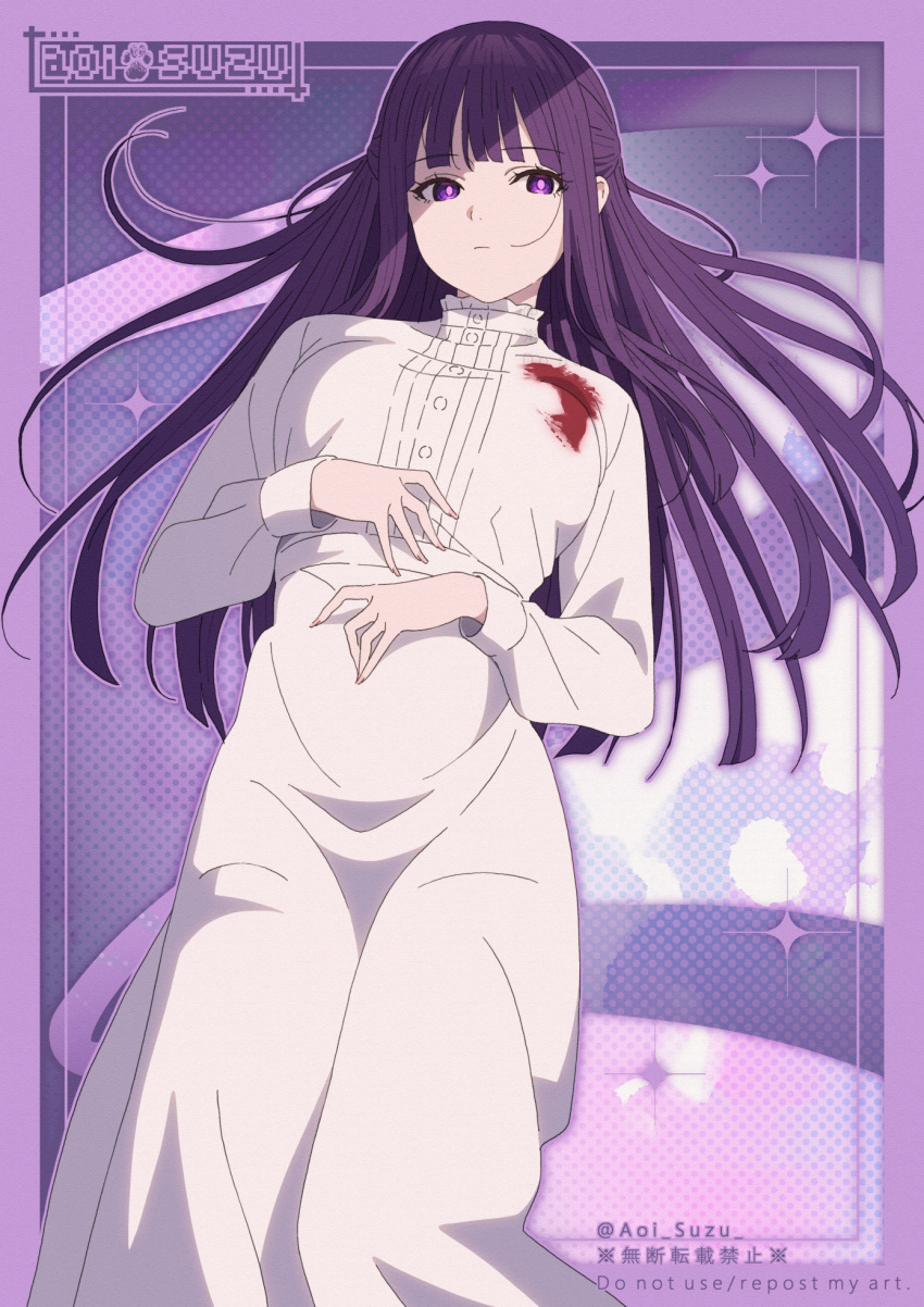 1girl aoi_suzu artist_name blood blood_on_clothes blunt_bangs dress expressionless fern_(sousou_no_frieren) highres long_hair looking_at_viewer purple_hair solo sousou_no_frieren violet_eyes white_dress