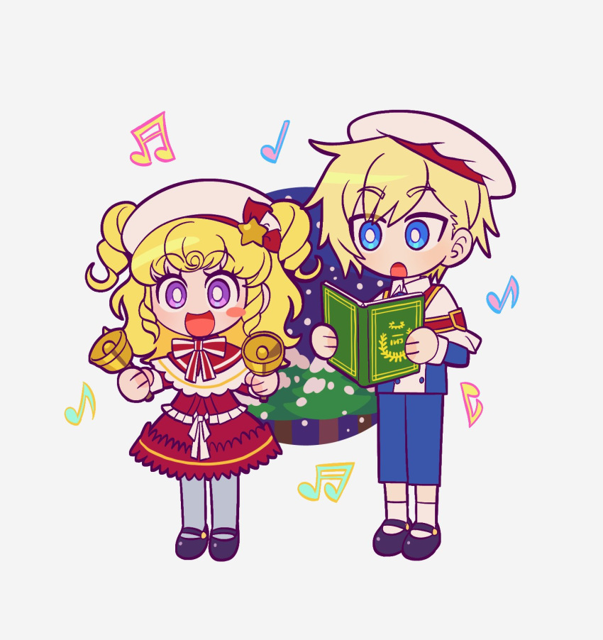 1boy 1girl :d :o bell beret black_footwear blonde_hair blue_eyes blue_pants blush book bright_pupils brother_and_sister capelet chibi dress full_body grey_pantyhose hat hat_ornament highres holding holding_bell holding_book idol_time_pripara jingle_bell lau_(laustar30) long_hair long_sleeves looking_at_viewer musical_note open_book open_mouth pants pantyhose pretty_series pripara red_capelet red_dress ringlets sheet_music shoes short_hair siblings smile socks standing star_(symbol) star_hat_ornament tree two_side_up violet_eyes white_headwear white_pupils white_socks yumekawa_shogo yumekawa_yui