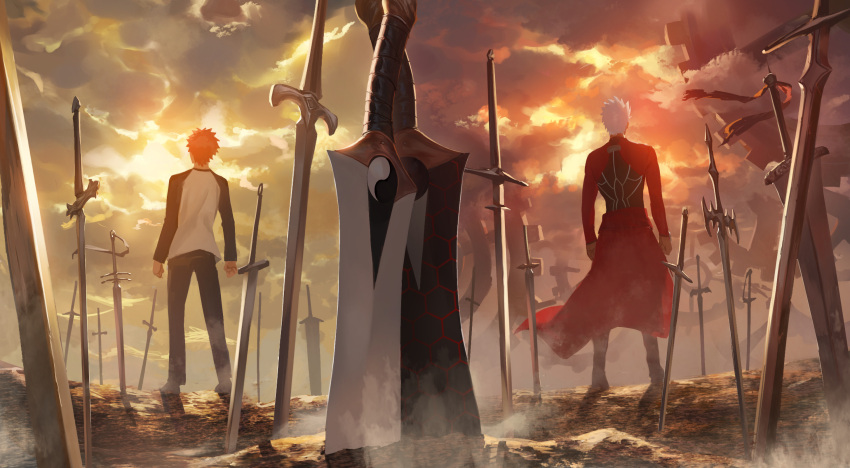 2boys archer_(fate) clouds cloudy_sky coat dark-skinned_male dark_skin emiya_shirou fate/stay_night fate_(series) from_behind gears highres kanshou_&amp;_bakuya_(fate) male_focus multiple_boys pants planted planted_sword red_coat redhead sky split_theme sword twilight unlimited_blade_works_(fate) weapon white_hair zonotaida