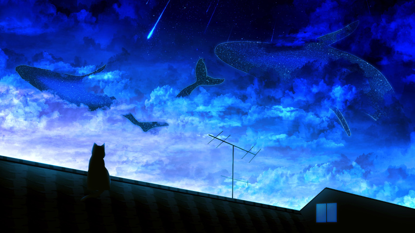 absurdres black_cat blue_sky blue_theme cat clouds comet dusk flying_whale highres hoshino_mizuki_(hoshino_263f) no_humans original radio_antenna rooftop scenery shooting_star sky star_(sky) starry_sky whale window