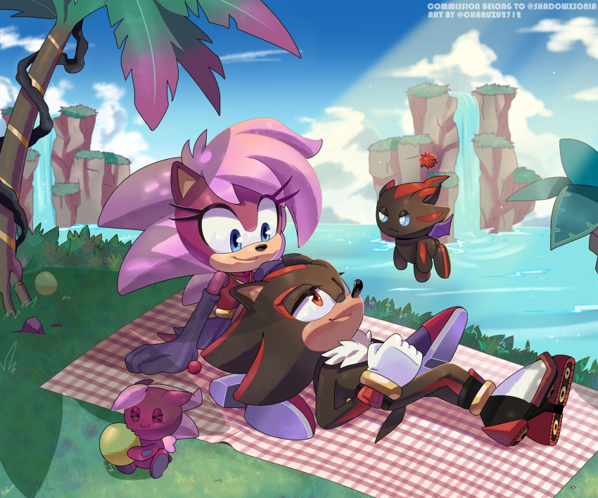 &gt;_&lt; 1boy 1girl 2others absurdres animal_ears artist_name black_fur blanket blue_eyes blue_sky chao_(sonic) charuzu2712 closed_eyes clouds dark_chao day elbow_gloves english_text food fruit furry furry_female furry_male gloves gold_bracelet grass highres holding holding_food holding_fruit jewelry lap_pillow looking_at_another multiple_others necklace outdoors palm_tree pink_fur purple_gloves purple_hair purple_skirt red_eyes red_fur red_shirt shadow_the_hedgehog shirt shoes skirt sky sleeveless sleeveless_shirt sonia_the_hedgehog sonic_(series) tree water watermark white_gloves