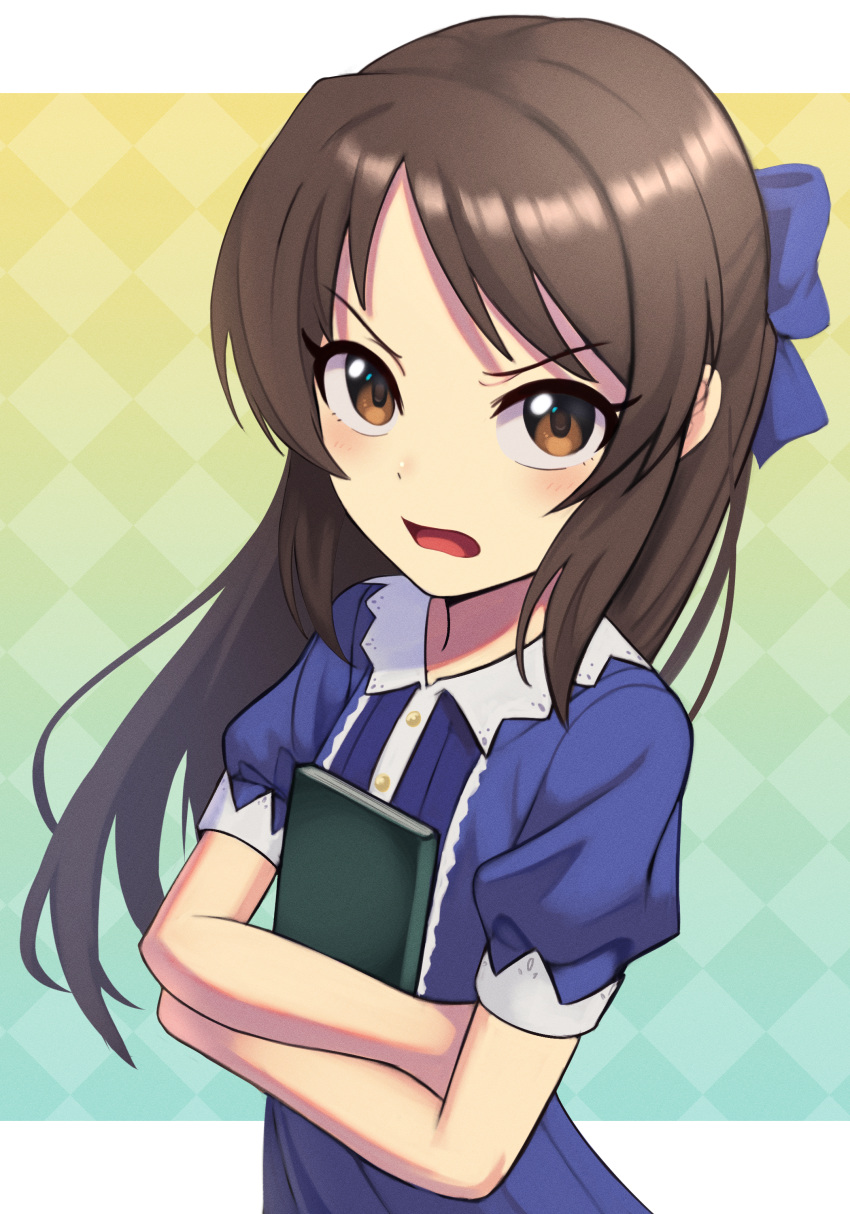 1girl absurdres annoyed blue_bow blue_dress book bow brown_eyes brown_hair dress hair_bow highres hugging_object idolmaster idolmaster_cinderella_girls idolmaster_cinderella_girls_u149 light_blush long_hair looking_at_viewer open_mouth short_sleeves silverchariotx simple_background solo tachibana_arisu upper_body