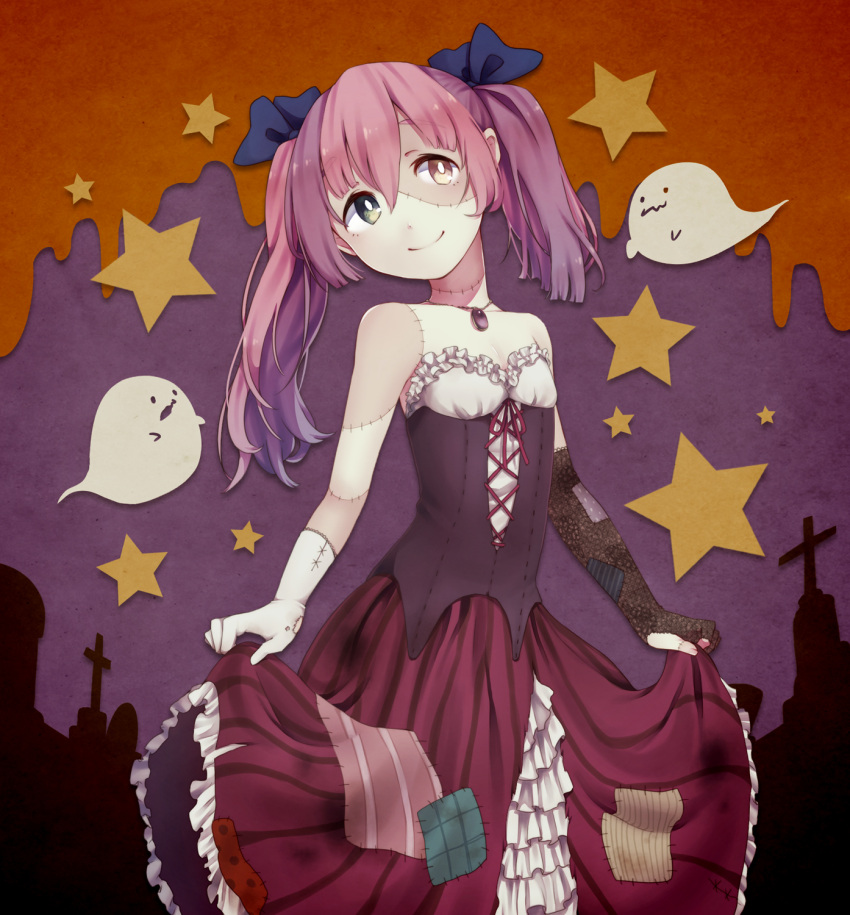 1girl asymmetrical_gloves breasts closed_mouth dress ghost gloves heterochromia highres long_hair looking_at_viewer mismatched_gloves original purple_hair shifumame sleeveless sleeveless_dress solo star_(symbol) twintails uneven_twintails zombie