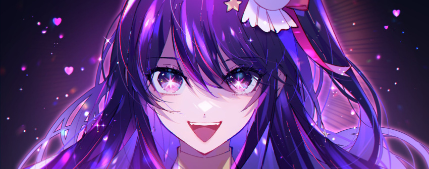 1girl :d close-up english_commentary floating_hair glowing hair_between_eyes hair_ornament heart highres hoshino_ai_(oshi_no_ko) long_hair looking_at_viewer multicolored_hair namiey one_side_up open_mouth oshi_no_ko pink_hair portrait purple_hair smile solo sparkle star-shaped_pupils star_(symbol) star_hair_ornament straight-on streaked_hair symbol-shaped_pupils teeth upper_teeth_only violet_eyes
