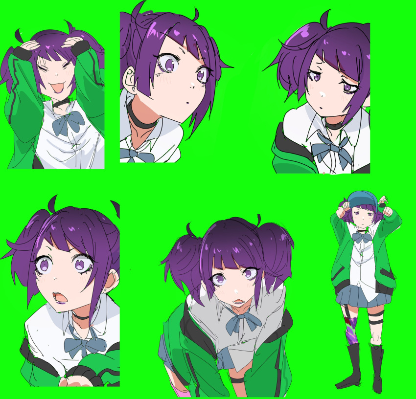 1girl blush diagonal_bangs expression_chart green_background hat highres idolmaster idolmaster_shiny_colors jacket looking_at_viewer multiple_views ogasawara open_mouth pleated_skirt purple_hair purple_lips school_uniform simple_background skirt tanaka_mamimi twintails violet_eyes