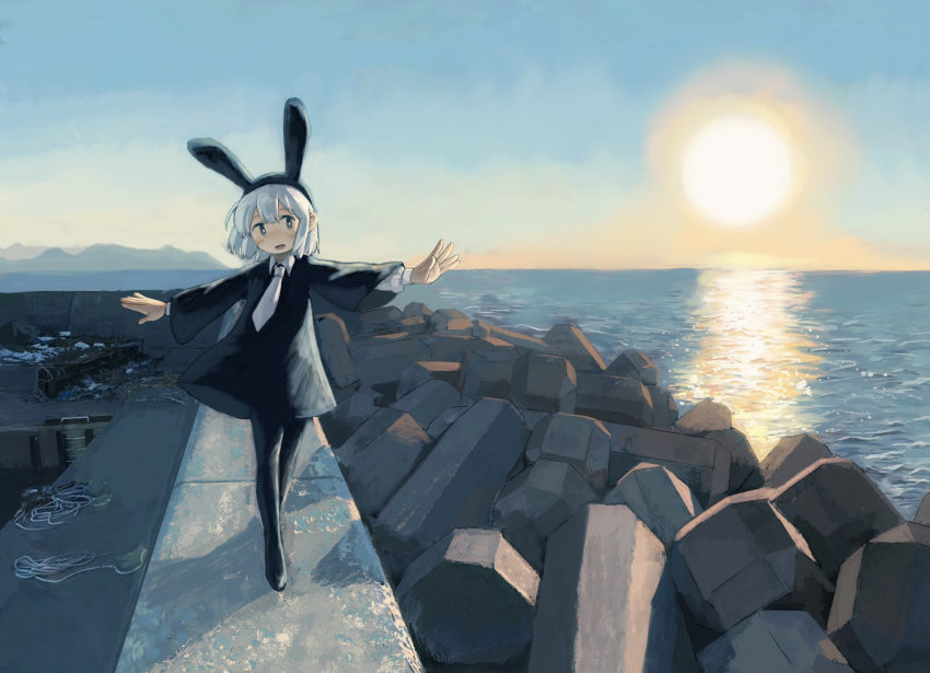 1girl animal_ears balancing black_dress black_pantyhose bright_pupils collared_dress dress fake_animal_ears grey_hair highres hill horizon kezuru ladder long_sleeves looking_at_viewer necktie no_sclera ocean open_mouth original outdoors outstretched_arms pantyhose rabbit_ears rope sky smile solo spread_arms sun tetrapod water white_necktie white_pupils wide_sleeves