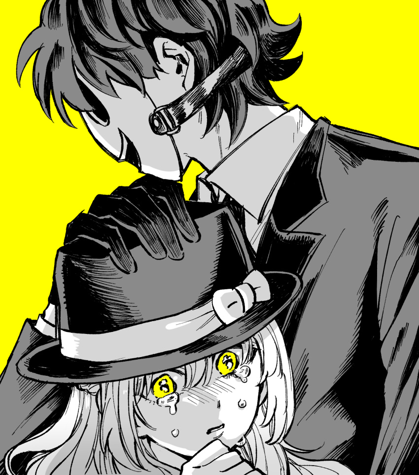 1boy 1girl collared_shirt crying crying_with_eyes_open gloves greyscale greyscale_with_colored_background hand_on_another's_head highres mask monochrome nai0524 parted_lips shinzaki_kuon shirt short_hair simple_background sniper_mask_(tenkuu_shinpan) spot_color suit tears tenkuu_shinpan trilby upper_body yellow_background yellow_eyes