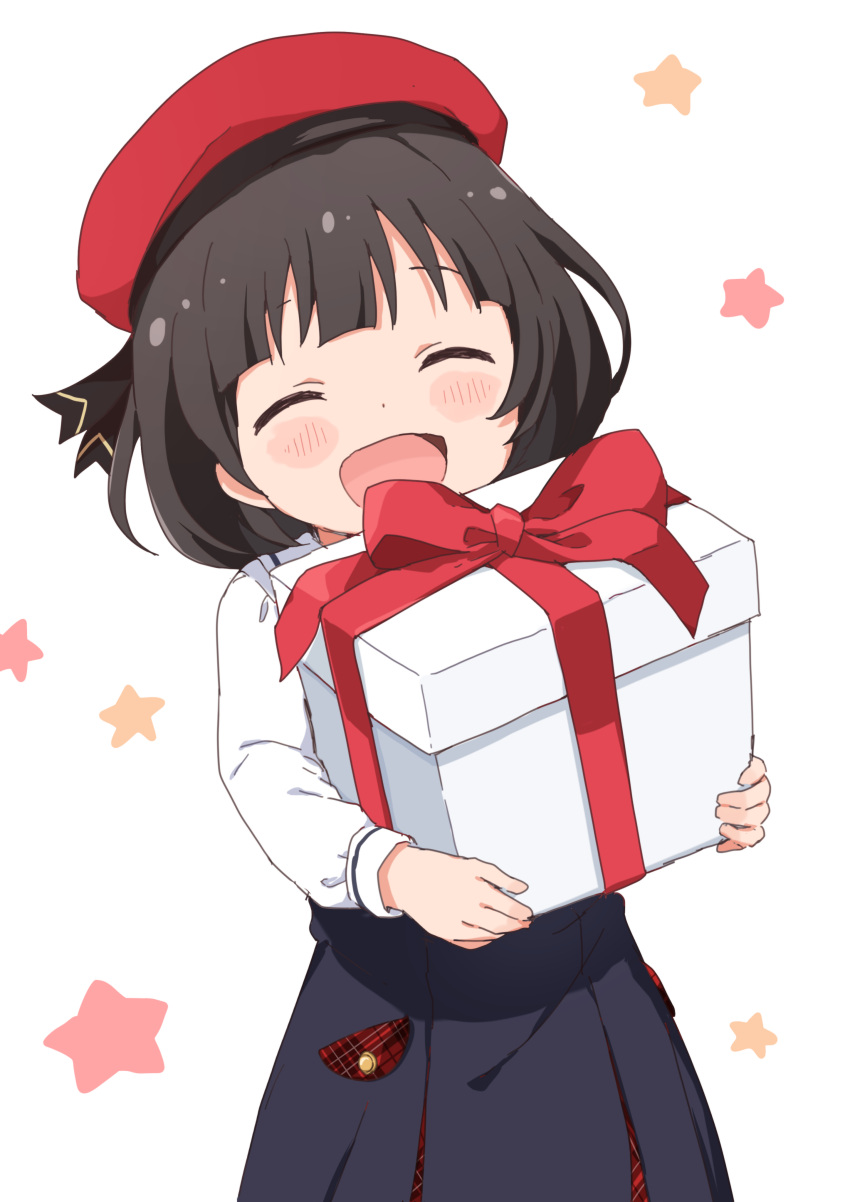 1girl absurdres beret black_dress black_hair black_ribbon blush bow box buchi_(y0u0ri_) buttons child closed_eyes commentary dress gift gift_box happy hat hat_ribbon highres holding holding_box holding_gift idolmaster idolmaster_million_live! idolmaster_million_live!_theater_days nakatani_iku open_mouth plaid pleated_dress pocket puffy_sleeves red_bow red_headwear ribbon shirt short_hair smile solo star_(symbol) white_background white_shirt