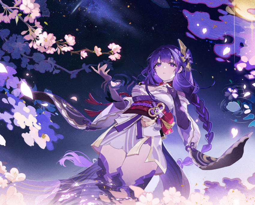 1girl absurdres braid cherry_blossoms genshin_impact hair_ornament hand_on_own_chest hand_up highres japanese_clothes long_hair looking_at_viewer looking_down mitsudomoe_(shape) mole mole_under_eye moon night night_sky purple_hair purple_nails raiden_shogun reflection reflective_water ripples single_braid sky solo star_(sky) starry_sky tomoe_(symbol) tree00227 violet_eyes