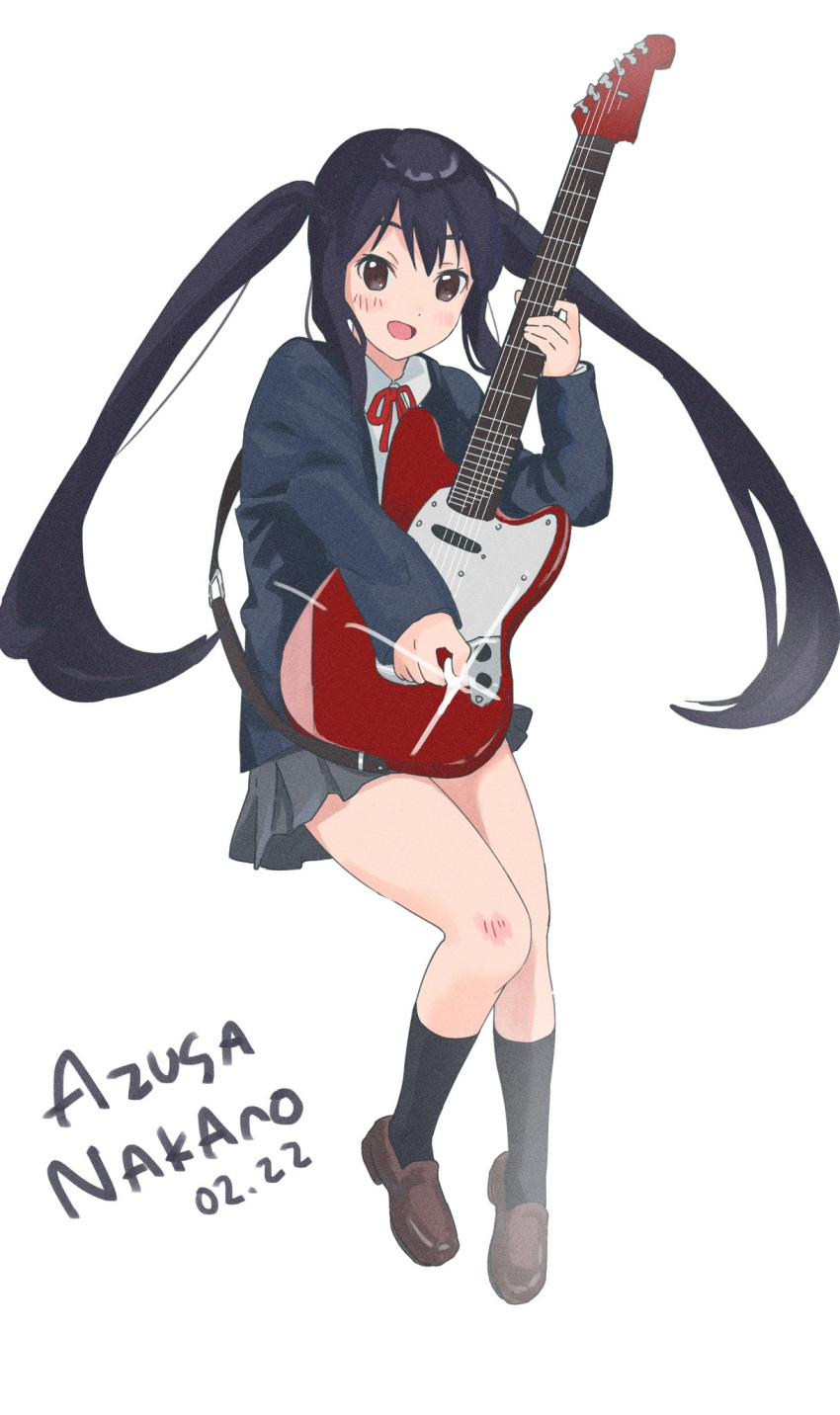 1girl :d black_hair black_jacket black_socks blazer blush brown_eyes brown_footwear burger_yammmm character_name collared_shirt commentary_request dated full_body grey_skirt guitar highres holding holding_instrument instrument jacket k-on! kneehighs loafers long_hair long_sleeves nakano_azusa neck_ribbon open_clothes open_jacket open_mouth pleated_skirt red_ribbon ribbon sakuragaoka_high_school_uniform school_uniform shirt shoes skirt smile socks solo twintails white_shirt winter_uniform