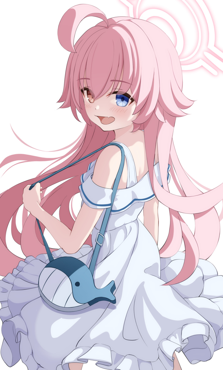 1girl ahoge bag blue_archive blue_eyes blush dress fang frilled_dress frills hair_between_eyes halo heterochromia highres hoshino_(blue_archive) long_hair looking_at_viewer official_alternate_costume open_mouth pink_hair pink_halo shijima_(shijima_tc) short_sleeves simple_background skin_fang smile solo white_background white_dress yellow_eyes