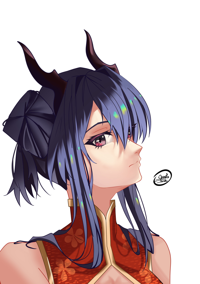 1girl absurdres alternate_costume alternate_hairstyle arknights bare_shoulders blue_hair ch'en_(ageless_afterglow)_(arknights) ch'en_(arknights) china_dress chinese_clothes double_bun dragon_girl dragon_horns dress from_side hair_bun highres horns long_bangs looking_at_viewer official_alternate_costume official_alternate_hairstyle red_dress red_eyes seinaru_tsuki solo white_background
