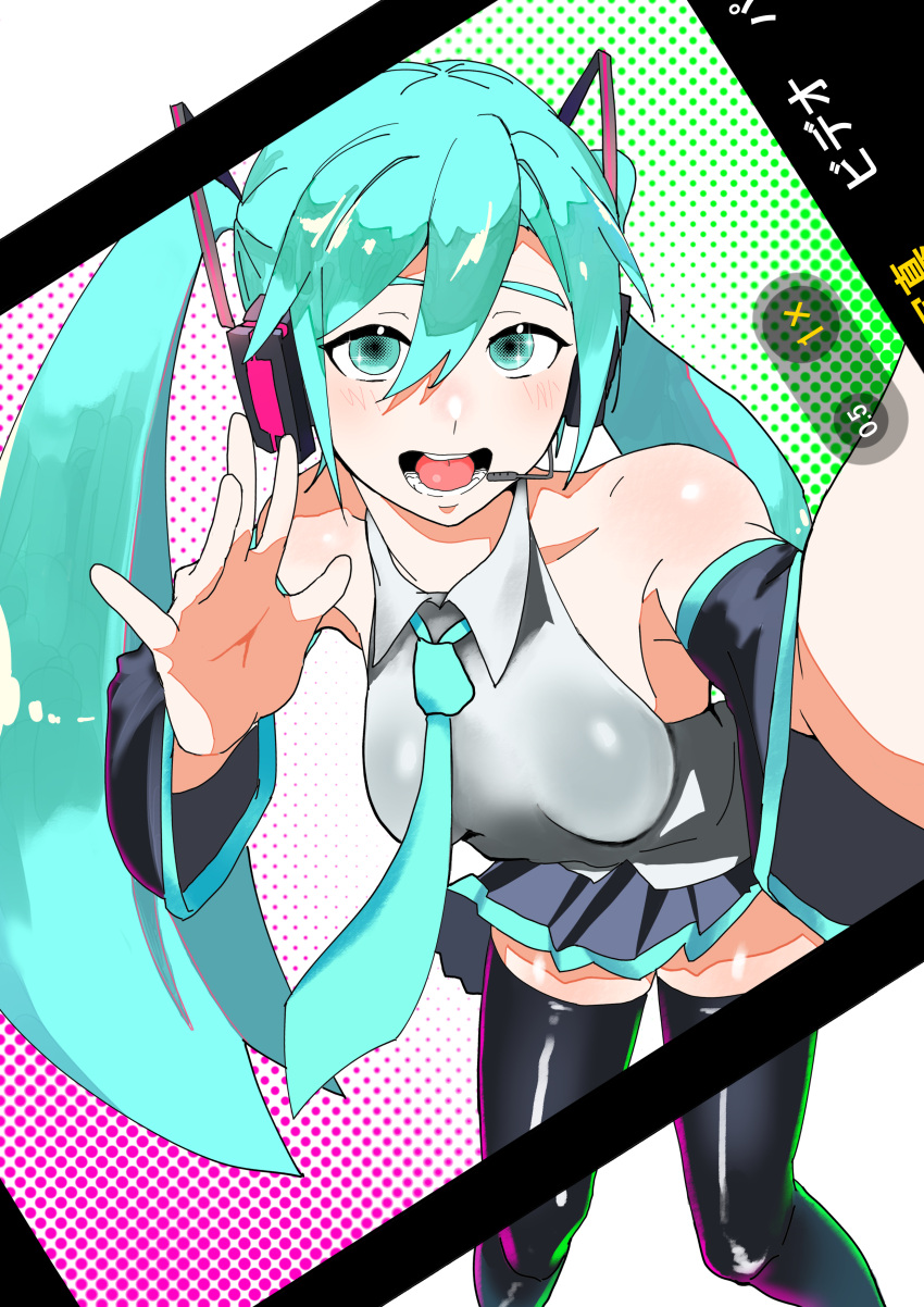 1girl absurdres aqua_eyes aqua_hair aqua_necktie armpits bare_shoulders black_thighhighs breasts cellphone collarbone collared_shirt detached_sleeves grey_shirt hatsune_miku highres holding holding_phone long_hair looking_at_viewer miniskirt multicolored_background necktie open_mouth phone sakuranoren selfie shirt skirt sleeveless sleeveless_shirt small_breasts smartphone smile solo sparkle sparkling_eyes taking_picture thigh-highs twintails vocaloid zettai_ryouiki