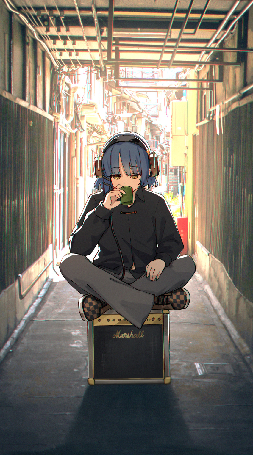 1girl alley amplifier bell-bottoms black_footwear black_shirt blue_hair bocchi_the_rock! brown_footwear checkered_footwear commentary converse crossed_legs cup english_commentary grey_pants headphones highres jl_tan looking_down marshall_amplification medium_hair mole mole_under_eye pants photo_background shirt sitting solo yamada_ryo yellow_eyes yunomi