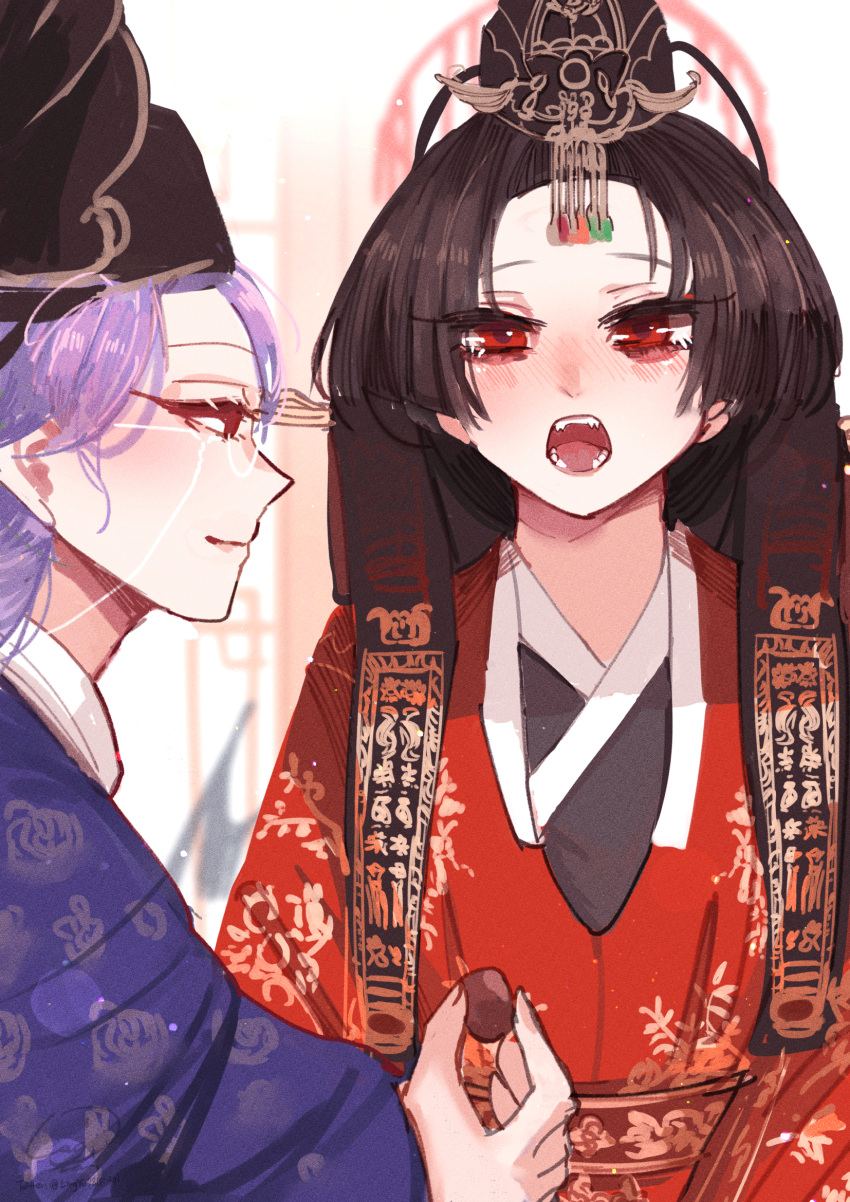 2girls black_hair blue_archive chocolate closed_mouth female_sensei_(blue_archive) food glasses hair_ornament highres holding holding_food japanese_clothes kimono liang_yuan long_hair looking_at_viewer multiple_girls open_mouth purple_hair purple_kimono red_eyes red_kimono sensei_(blue_archive) shiromuku smile tsurugi_(blue_archive) uchikake violet_eyes yuri