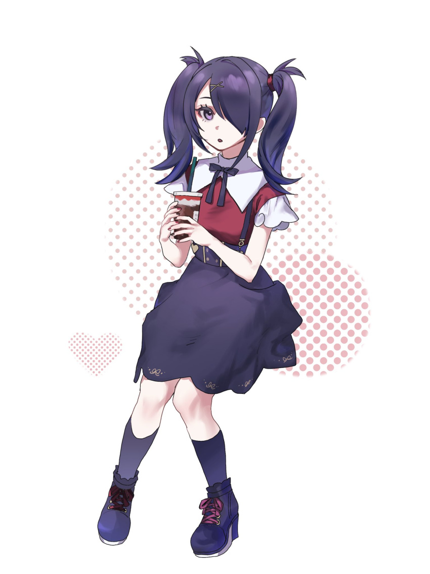 1girl ame-chan_(needy_girl_overdose) black_footwear black_hair black_ribbon black_skirt black_socks collared_shirt commentary_request cup disposable_cup full_body hair_ornament hair_over_one_eye highres holding holding_cup invisible_chair long_hair looking_at_viewer neck_ribbon needy_girl_overdose open_mouth red_shirt ribbon shirt shoes sitting skirt socks solo suspender_skirt suspenders tonabe twintails violet_eyes x_hair_ornament