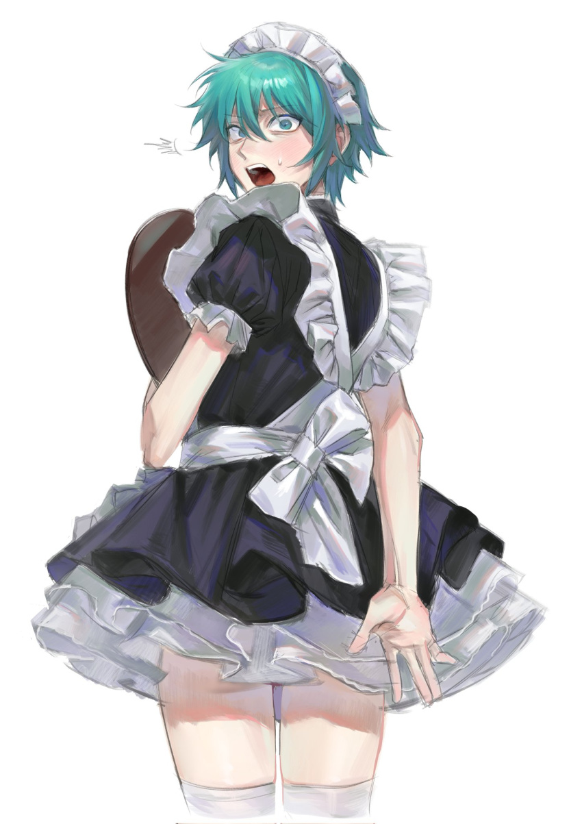 1boy :o alternate_costume apron black_dress character_request copyright_request crossdressing dress enmaided from_behind green_eyes green_hair highres holding holding_tray looking_at_viewer looking_back maid maid_apron maid_headdress male_focus nsr_(pgl_0401) puffy_short_sleeves puffy_sleeves short_dress short_hair short_sleeves solo teeth thigh-highs tray upper_teeth_only white_dress white_thighhighs