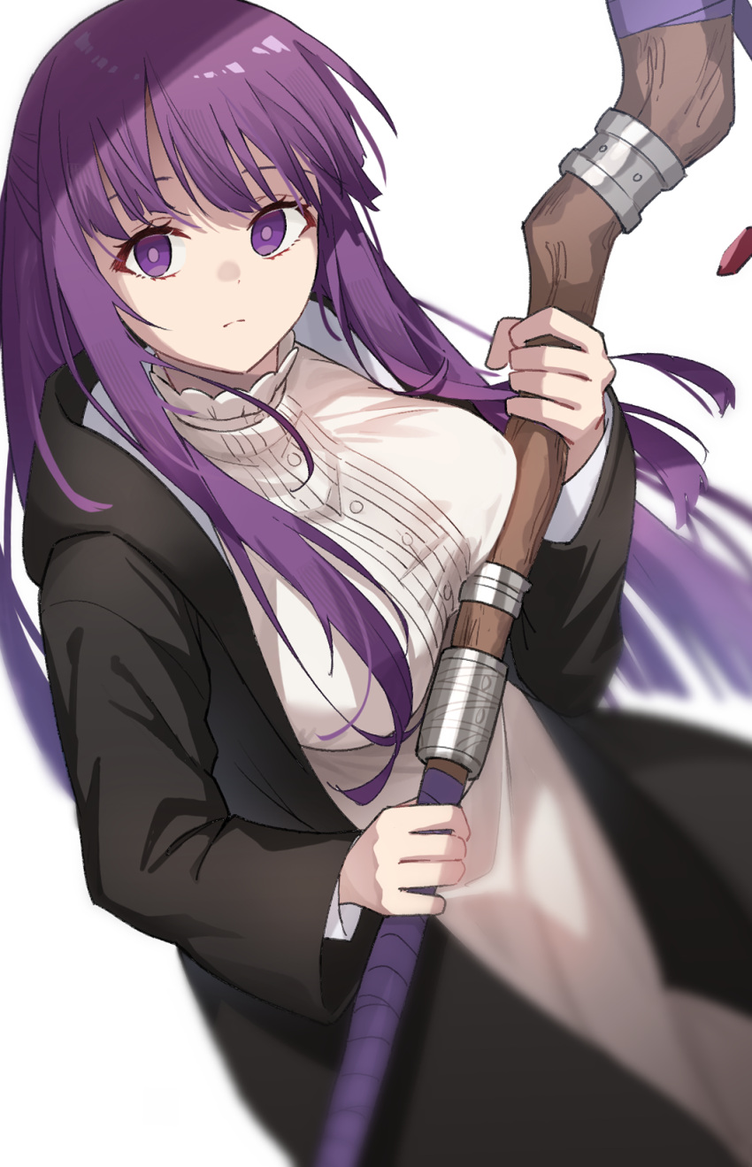 1girl black_coat blunt_bangs breast_press breasts closed_mouth coat dress fern_(sousou_no_frieren) highres holding holding_staff large_breasts long_hair long_sleeves looking_at_viewer mage_staff motion_blur profnote purple_hair purple_ribbon ribbon simple_background sousou_no_frieren staff violet_eyes white_background white_dress