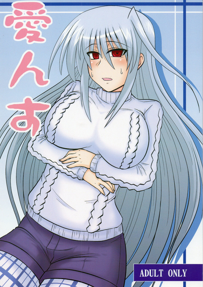 absurdres blush cover highres long_hair mahou_shoujo_lyrical_nanoha mahou_shoujo_lyrical_nanoha_a's pantyhose red_eyes reinforce shorts silver_hair translation_request