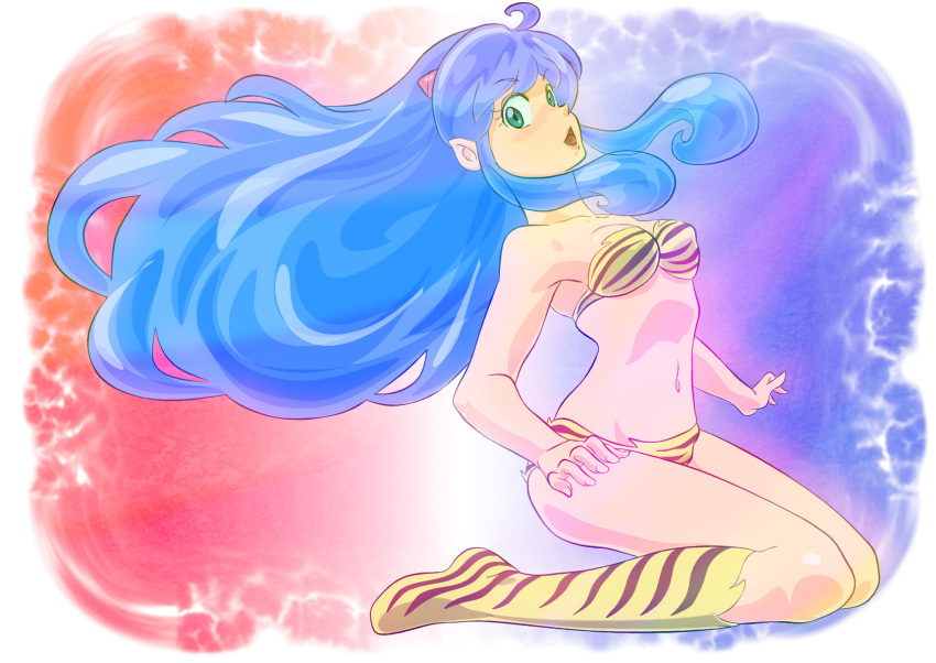 blue_eyes blue_hair hands highres horns kneeling lum oilaoila solo swimsuit tiger_print urusei_yatsura