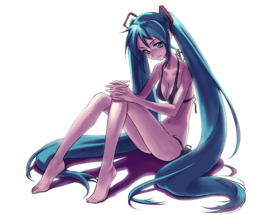 aqua0721cn aqua_eyes aqua_hair barefoot bikini breasts cleavage hands_clasped hatsune_miku legs long_hair navel side-tie_bikini sitting skinny solo swimsuit twintails very_long_hair vocaloid