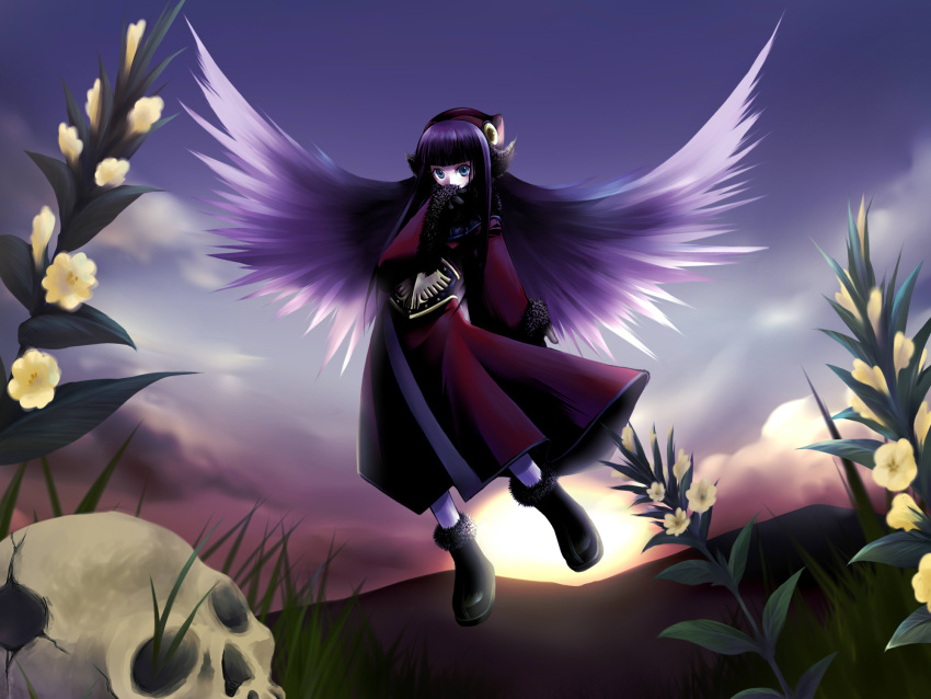 belt black_gloves blunt_bangs boots evening flower fur gloves green_eyes highres long_hair megami_tensei mou_shobou pixyled purple_hair red_coat skull solo spiked_hair spiky_hair sunset wings