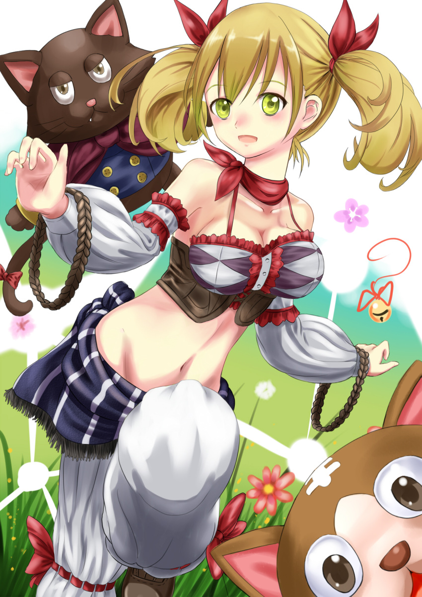 1girl atelier_(series) atelier_rorona bell blonde_hair breasts brown_eyes buttons cat collar detached_sleeves flower green_eyes highres jingle_bell lionela_heinze midriff navel pants short_hair smile thachtruong twintails