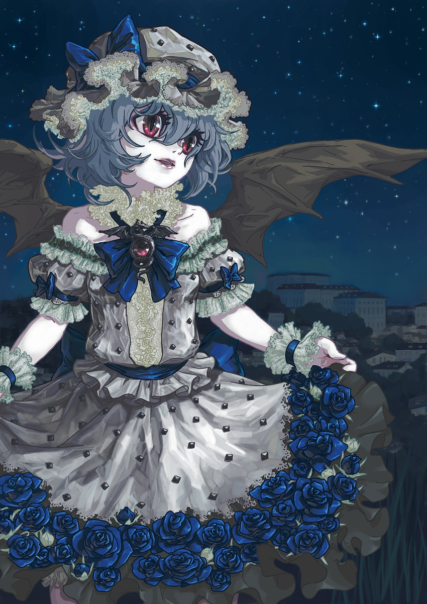 bare_shoulders bat_wings blue_rose brooch building city dragon flower frills gathers hat highres jewelry lace lavender_hair lips lipstick momiji_gari night night_sky purple_hair red_eyes remilia_scarlet rose short_hair short_sleeves sky solo touhou wings wrist_cuffs
