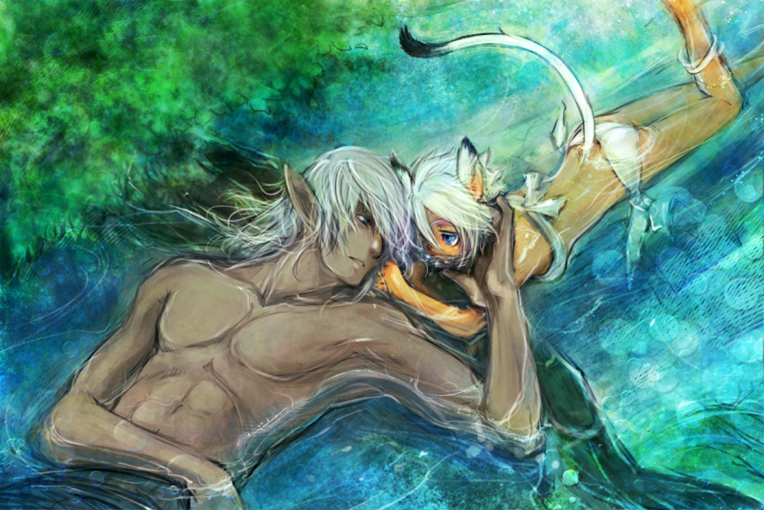 bikini blue_eyes cat_ears dark_skin doraeshi elf elvaan final_fantasy final_fantasy_xi height_difference lying mithra muscle pointy_ears side-tie_bikini size_difference swimsuit tail topless water white_hair