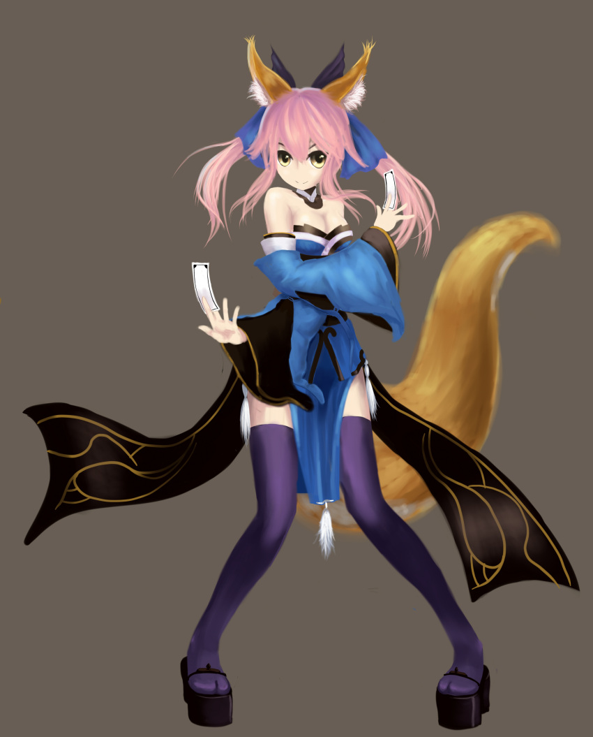 absurdres animal_ears bad_id breasts caster_(fate/extra) clog_sandals fate/extra fate/stay_night fate_(series) fox_ears fox_tail geta hair_ribbon highres japanese_clothes legs pink_hair ribbon sandals smile solo tail thigh-highs thighhighs tsukikanade twintails yellow_eyes