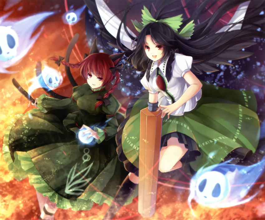 absurdres animal_ears arm_cannon black_hair bow braid brown_eyes cape cat_ears cat_tail floating_skull hagiwara_rin hair_bow highres kaenbyou_rin long_hair multiple_girls multiple_tails open_mouth red_eyes red_hair reiuji_utsuho ribbon scan smile tail touhou twin_braids twintails weapon wings
