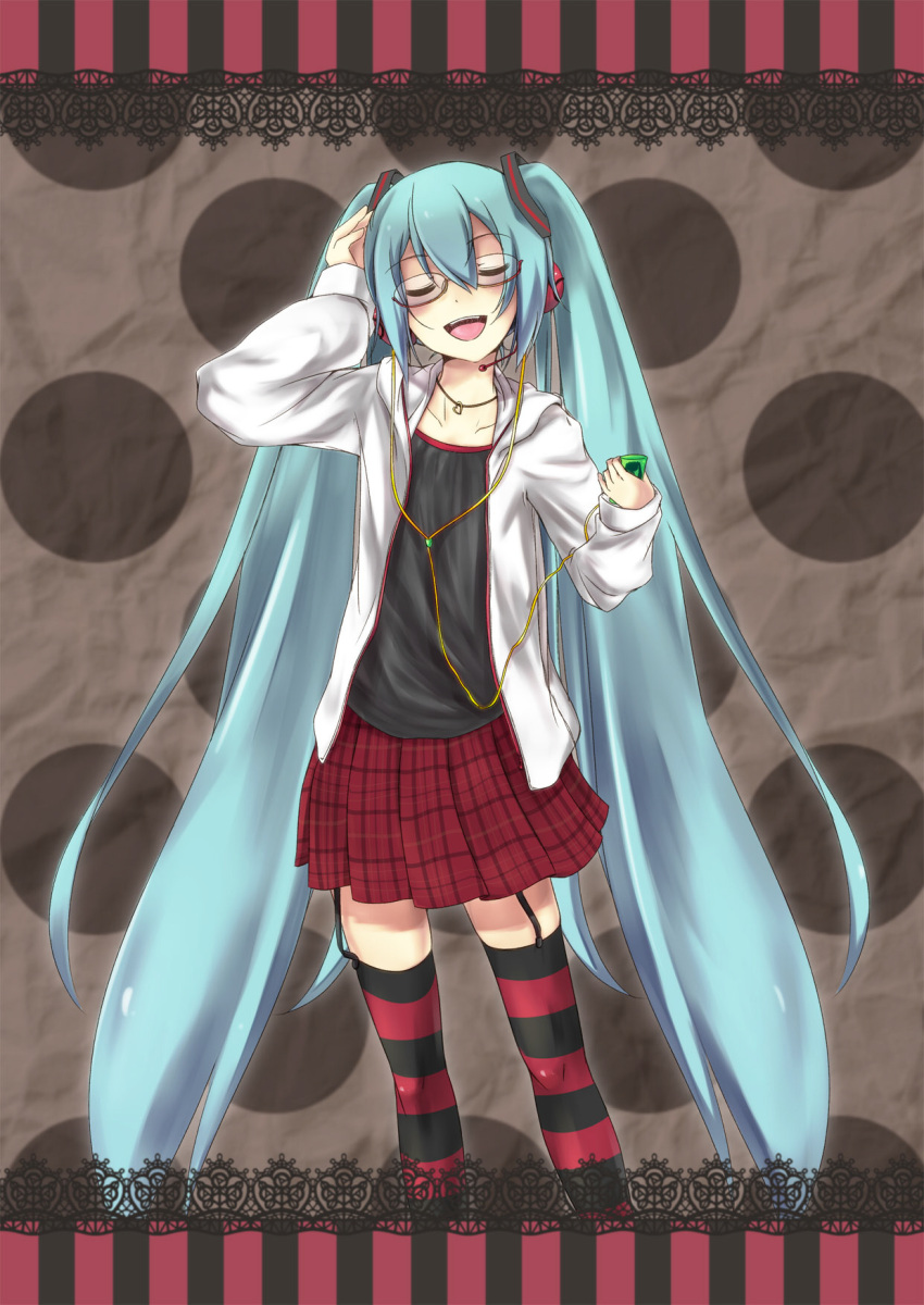 aqua_hair bad_id bespectacled closed_eyes digital_media_player garter_straps garters glasses hatsune_miku headphones headset highres jewelry kagura_(c_h_r_o_e) kocchi_muite_baby_(vocaloid) long_hair mp3_player necklace open_mouth project_diva project_diva_2nd skirt solo striped striped_legwear striped_thighhighs thigh-highs thighhighs twintails very_long_hair vocaloid