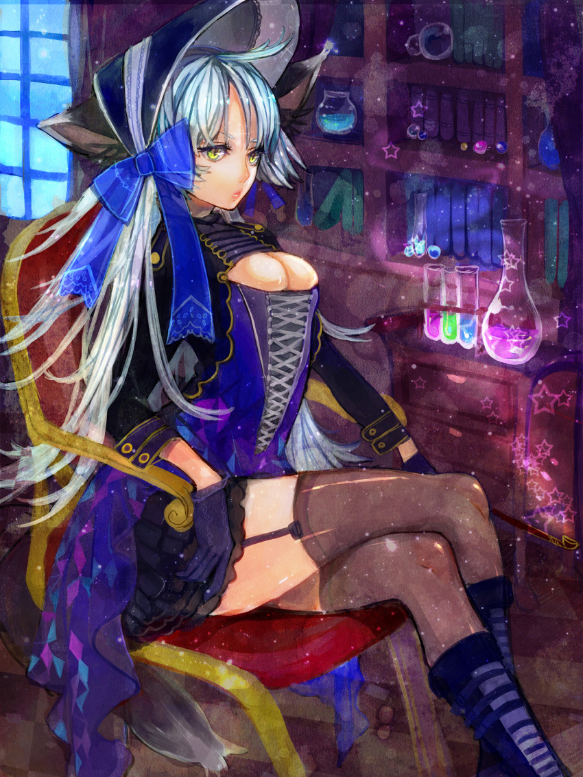 bookshelf boots bow breasts bubble chair cleavage corset crossed_legs fantasy flask garter_belt garter_straps gloves hat highres knee_boots lips long_hair original silver_hair sitting solo sono star test_tube thigh-highs thighhighs very_long_hair window yellow_eyes